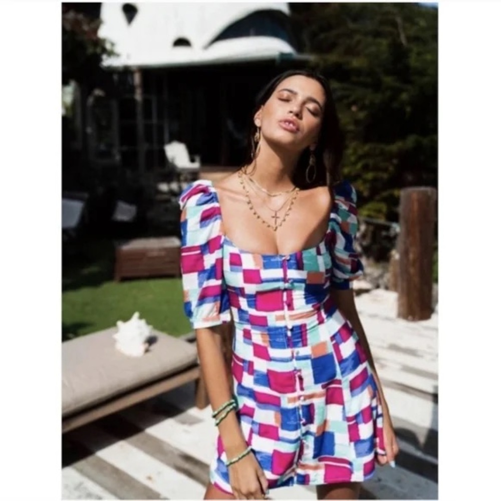 VANESSA MOONEY Colorful Bright Geometric Cherry Dress Size Small GUC